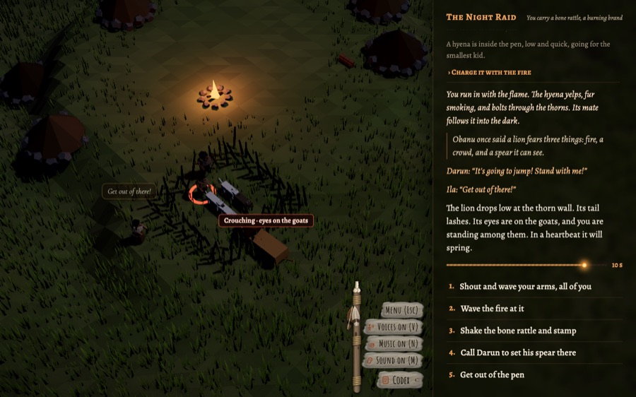 The night raid: the youth at the thorn fence with a lion in the dark